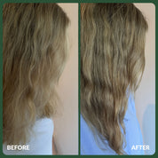 Before and after results using A bit Hippy Anti-Frizz shampoo, smoother hydrated hair with less frizz
