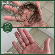 Comparison of hair loss before and after A bit Hippy Hair Growth & Volume use, with 'Before' showing clumps of hair and 'After' showing fewer strands.