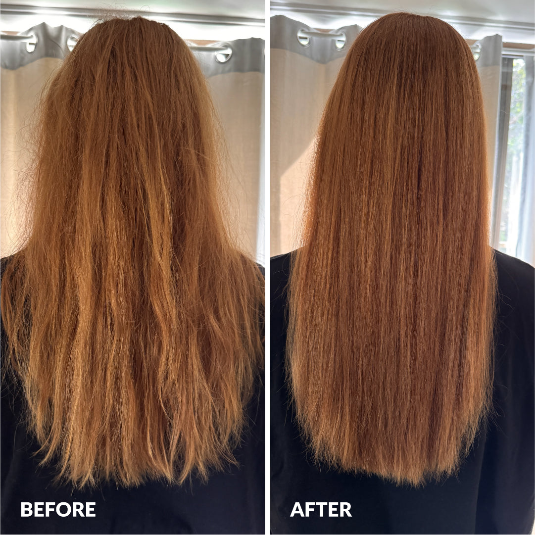 Before and after photos showing the results that A bit Hippy Intense Repair Hair Mask has on hair, showing fuller and healthier looking hair.