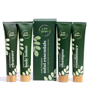 A bit Hippy Mini Essentials Pack on white background, containing 50ml Shampoo, Conditioner, Body Lotion and cleanser. 