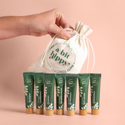 A bit Hippy A bit of everything Sample Set limited edition minis on pink background, natural vegan skincare trial kit with cleanser, shampoo and face cream