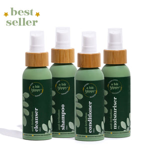 The Mini Essentials green pump bottles on white background with Best Seller badge.